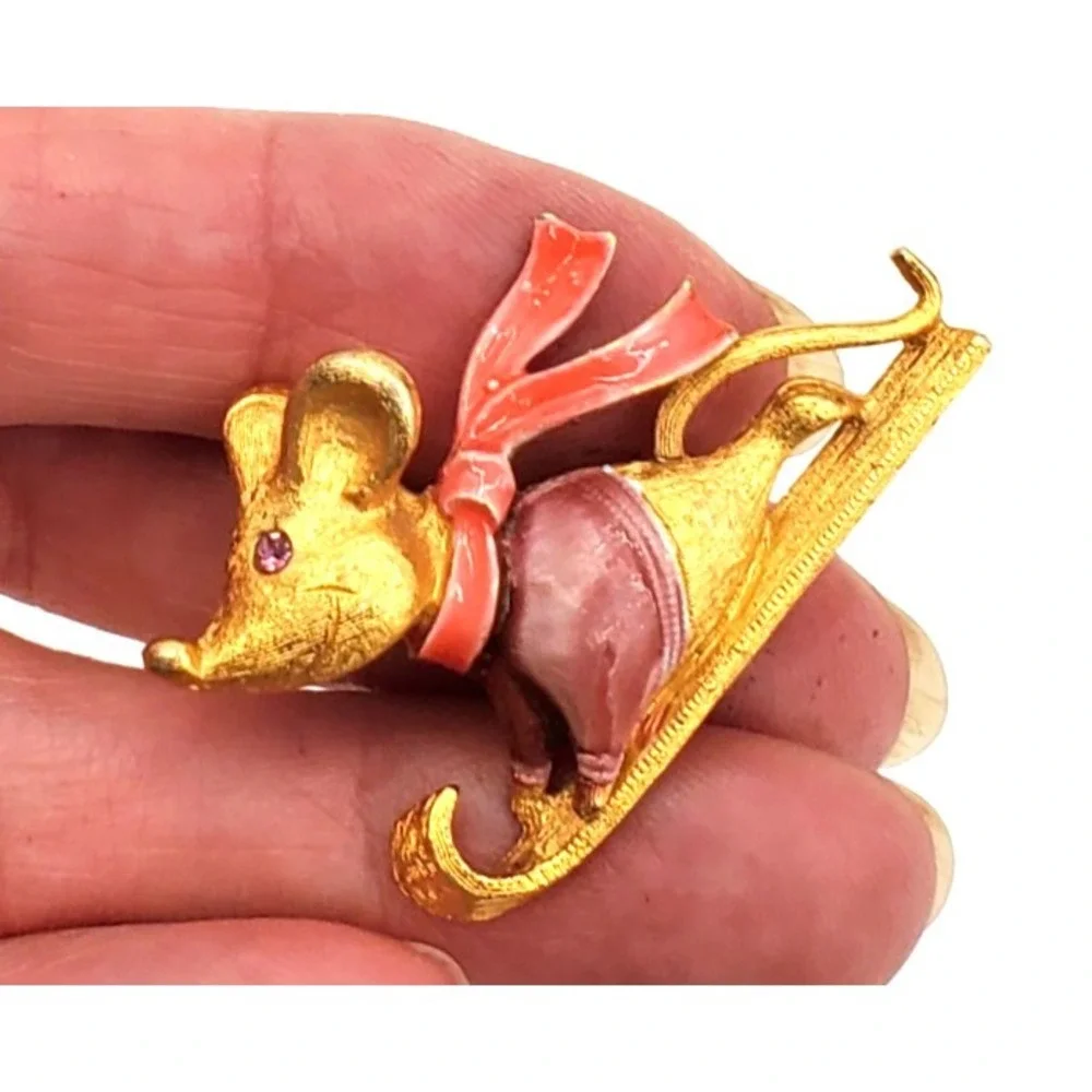 Vintage Mouse on a Sled Purple Sweater Red Scarf Enamel Brooch